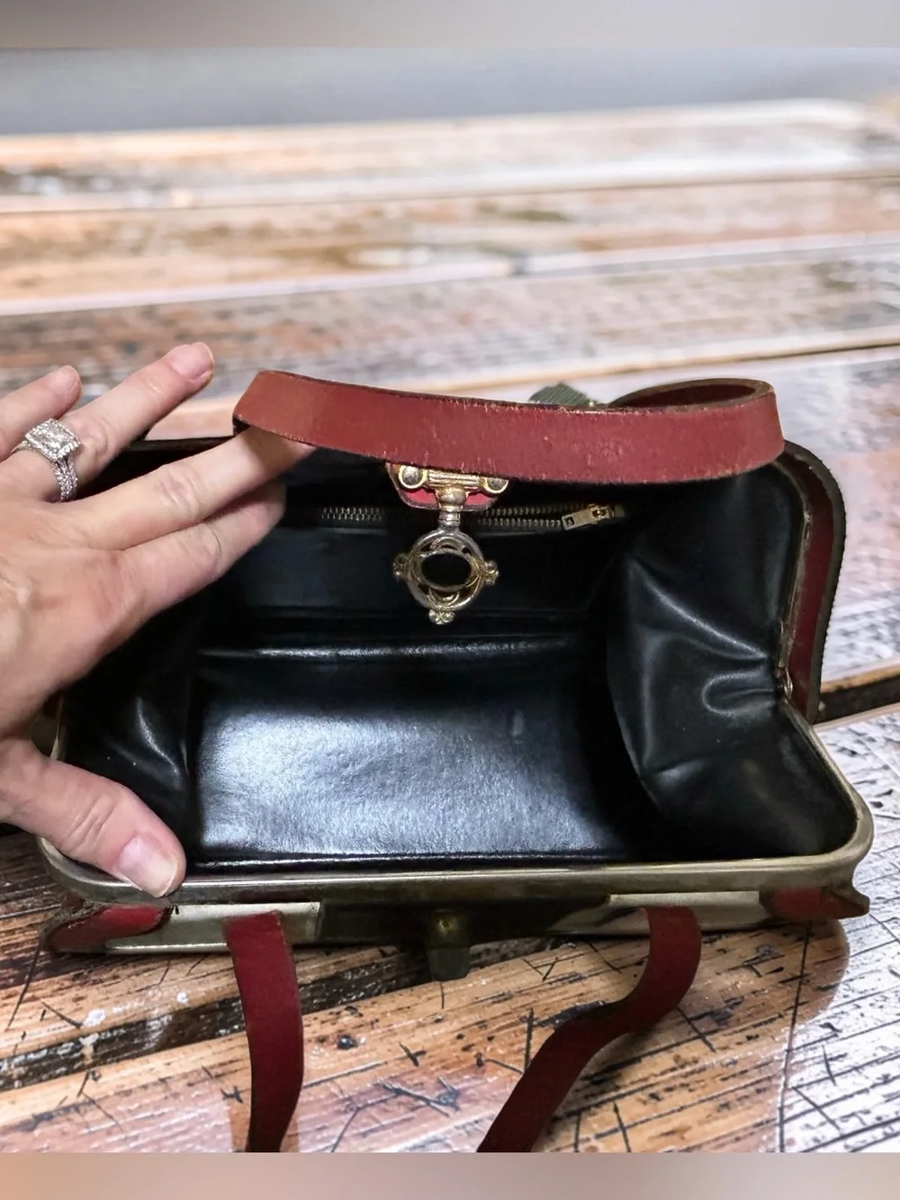Tricolor Check Vintage Leather Satchel - Red, Navy & White